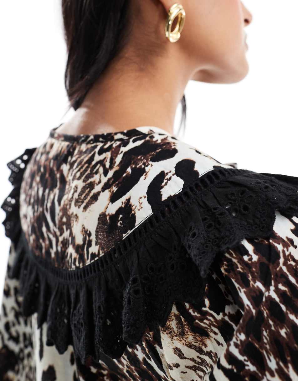 Miss Selfridge poplin broderie collar mini smock dress in animal print