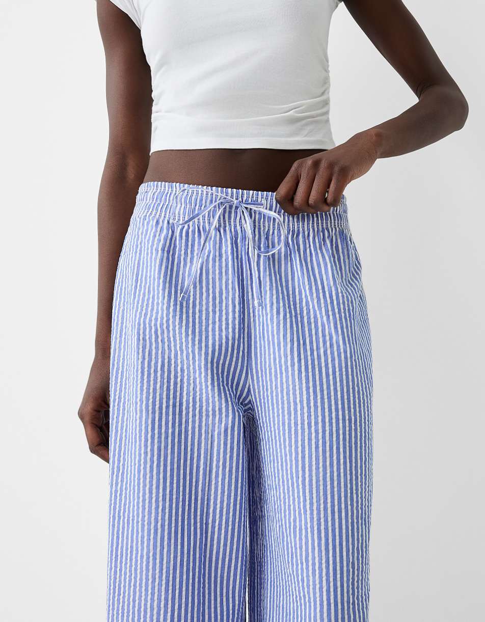 Bershka deep waistband wide leg pants in blue stripe