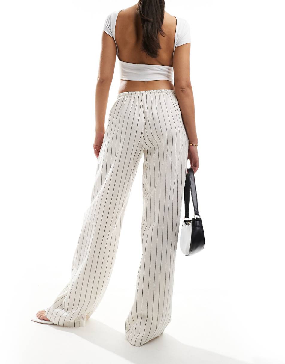 Bershka tie waist wide leg linen pants in ecru stripe