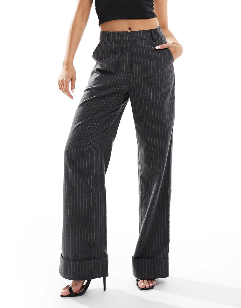 Kaiia flared pants in gray pinstripe