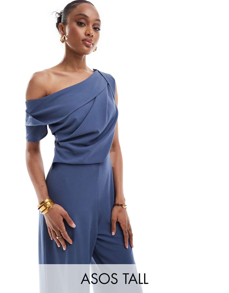 ASOS DESIGN Tall fallen shoulder tuck detail wide leg jumpsuit in blue