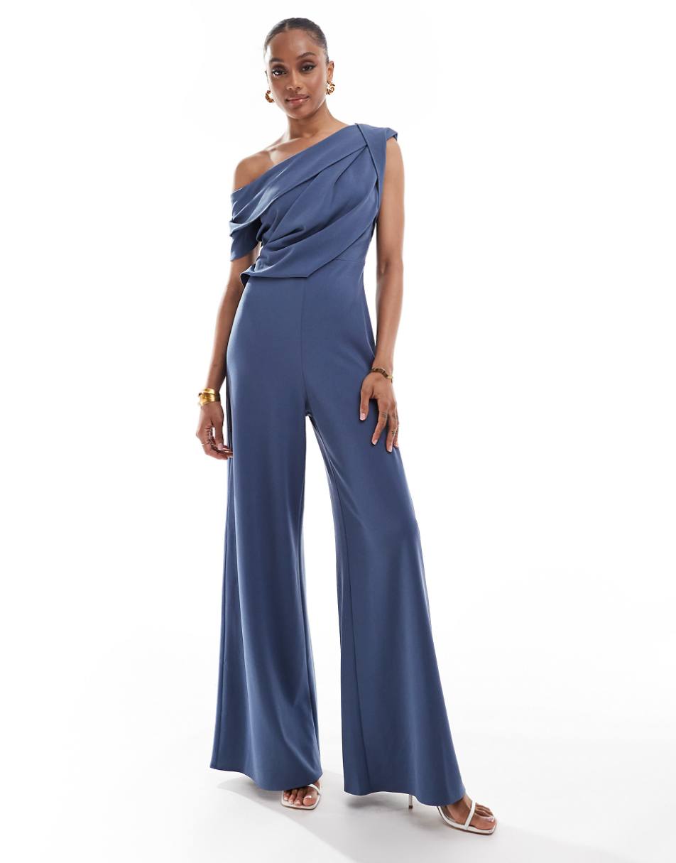ASOS DESIGN Tall fallen shoulder tuck detail wide leg jumpsuit in blue