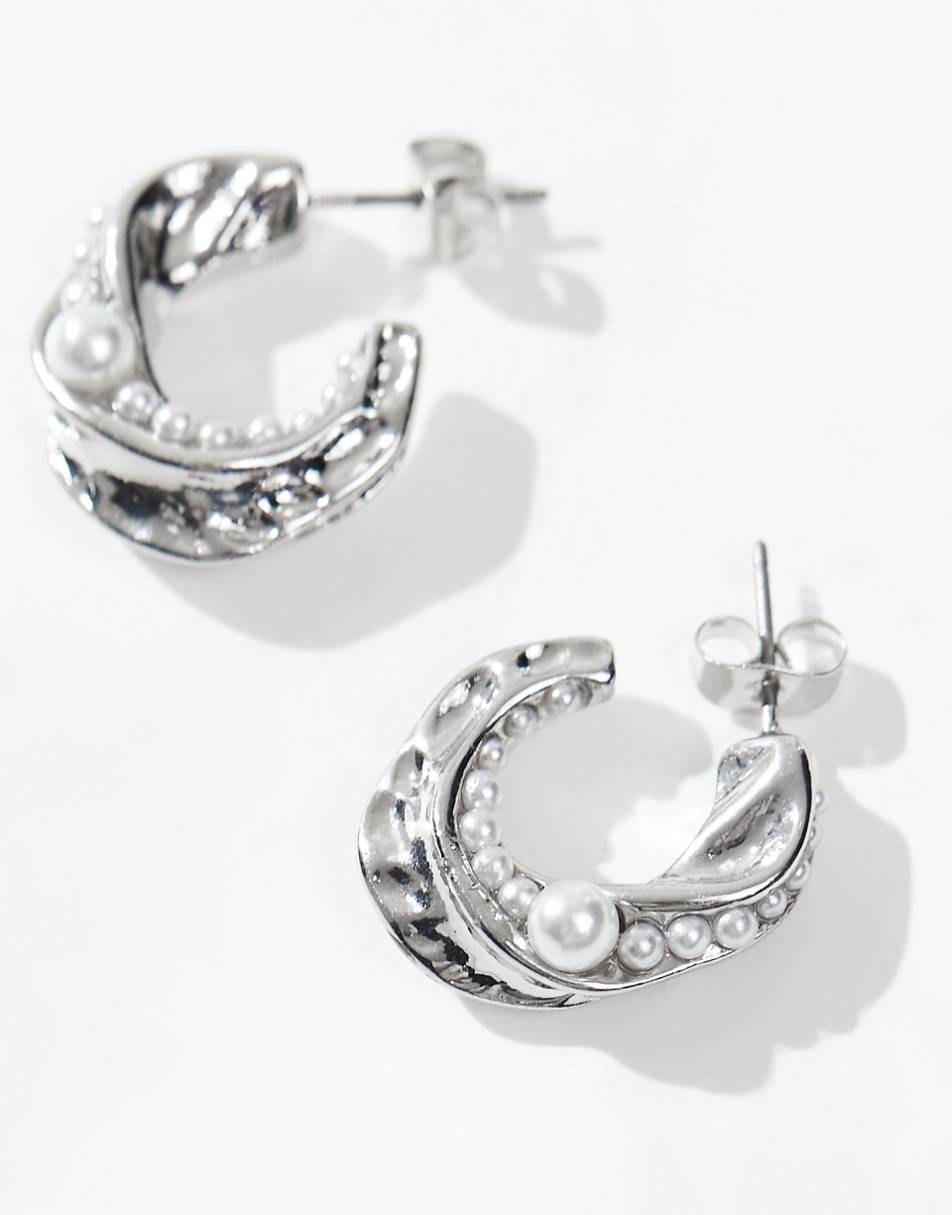 Pieces faux pearl detail hoops in silver