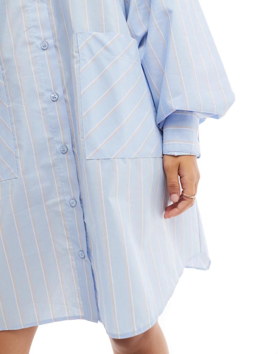 ASOS DESIGN oversized shirt dress with dropped pockets in blue and tan stripe