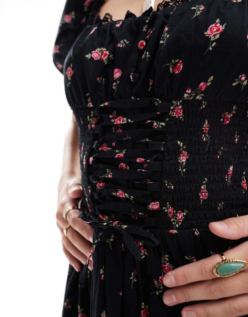 Miss Selfridge corset detail tiered maxi dress in black ditsy print