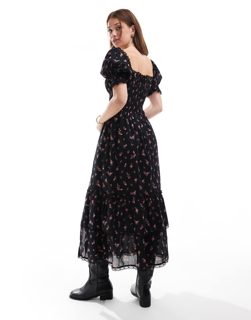 Miss Selfridge corset detail tiered maxi dress in black ditsy print