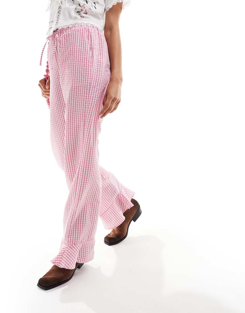 Reclaimed Vintage pull on pants with frill bottom in pink gingham