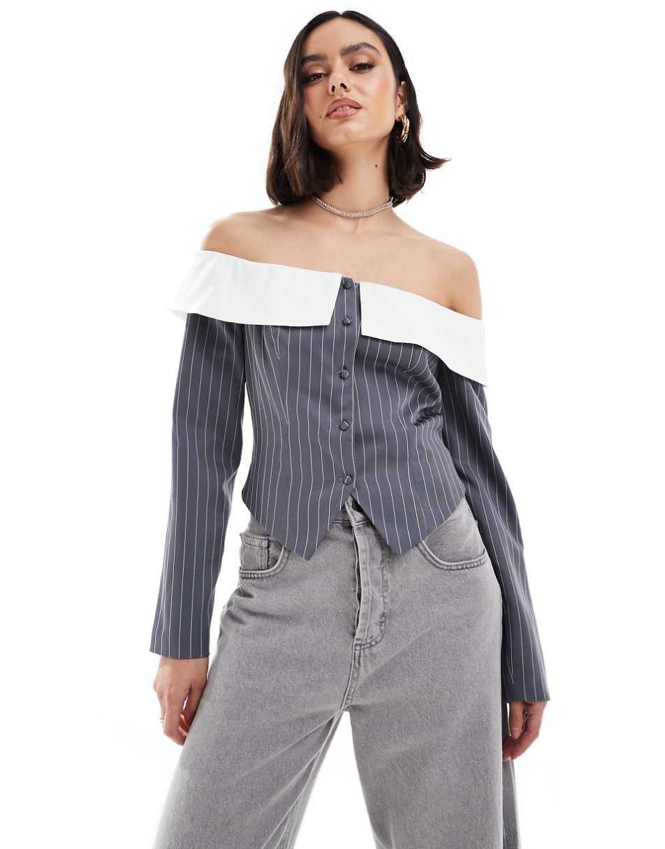 Extro & Vert corset bandeau blazer top in gray stripe