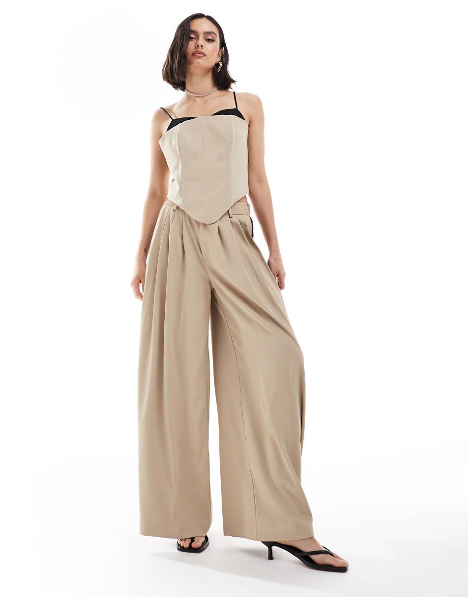 Extro & Vert high waist pleated palazzo pants in stone & black - part of a set