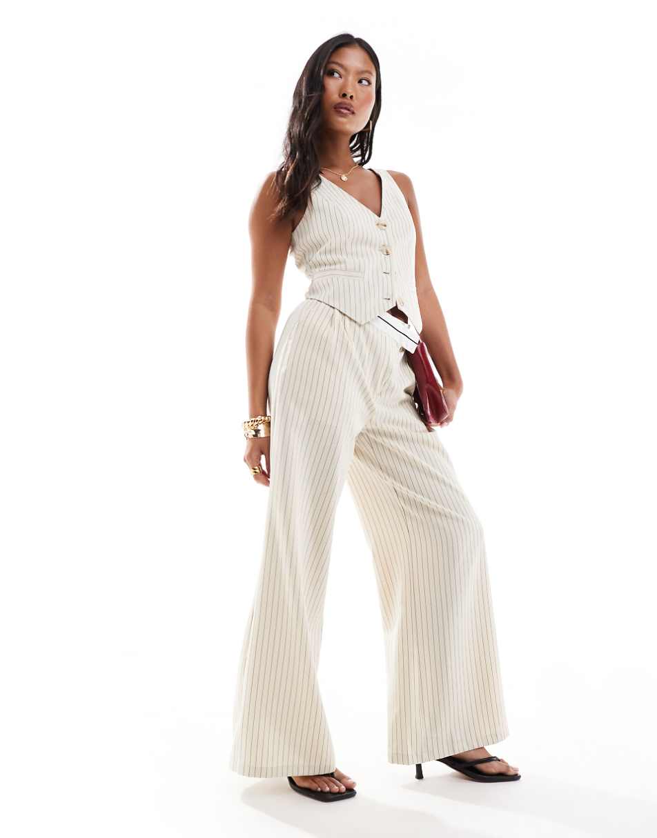 Extro & Vert Petite tailored pinstripe pants with asymmetric waistband in stone - part of a set
