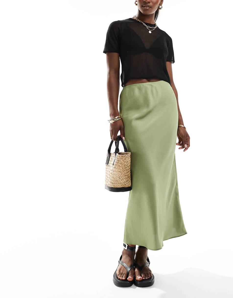 ASOS DESIGN satin bias midi skirt in khaki