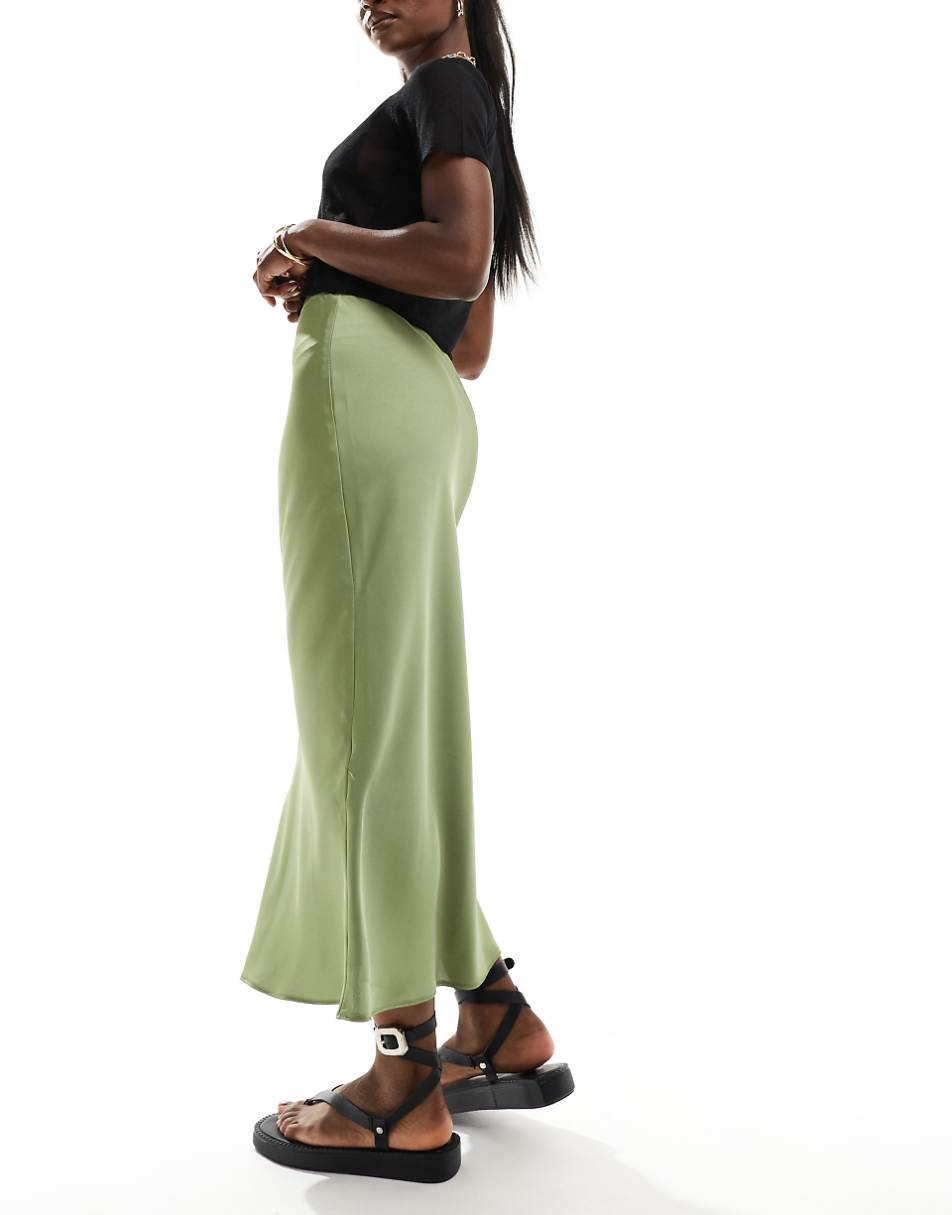 ASOS DESIGN satin bias midi skirt in khaki