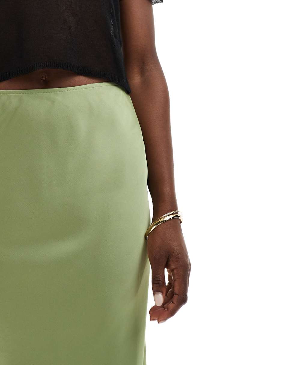 ASOS DESIGN satin bias midi skirt in khaki