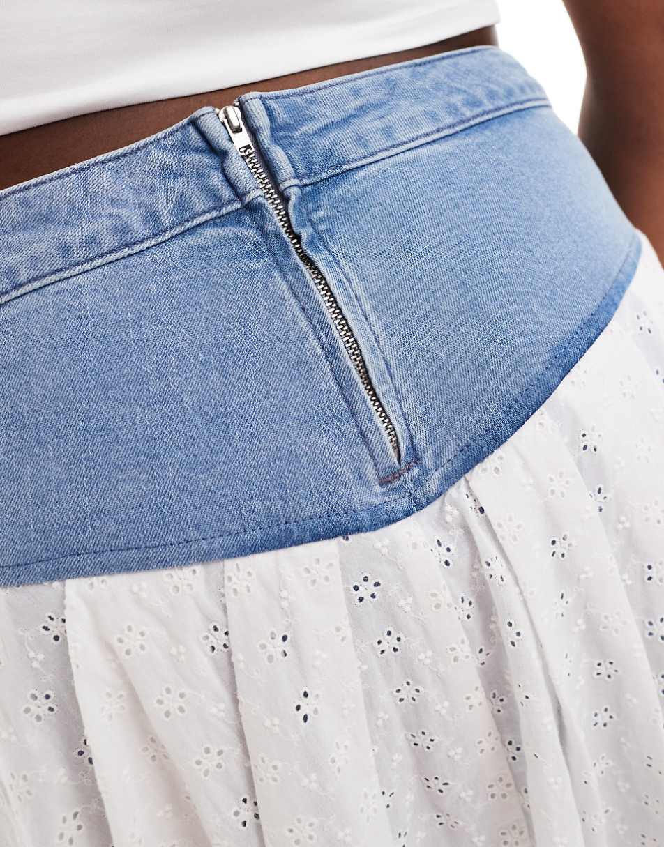 ASOS LUXE Curve ruffle denim shorts with eyelet in mid wash blue