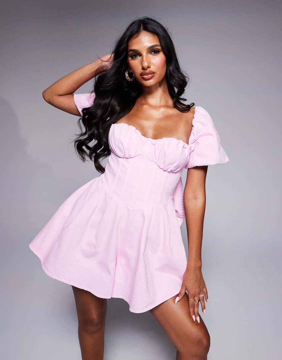 ASOS LUXE denim corseted puff sleeve romper in pastel pink
