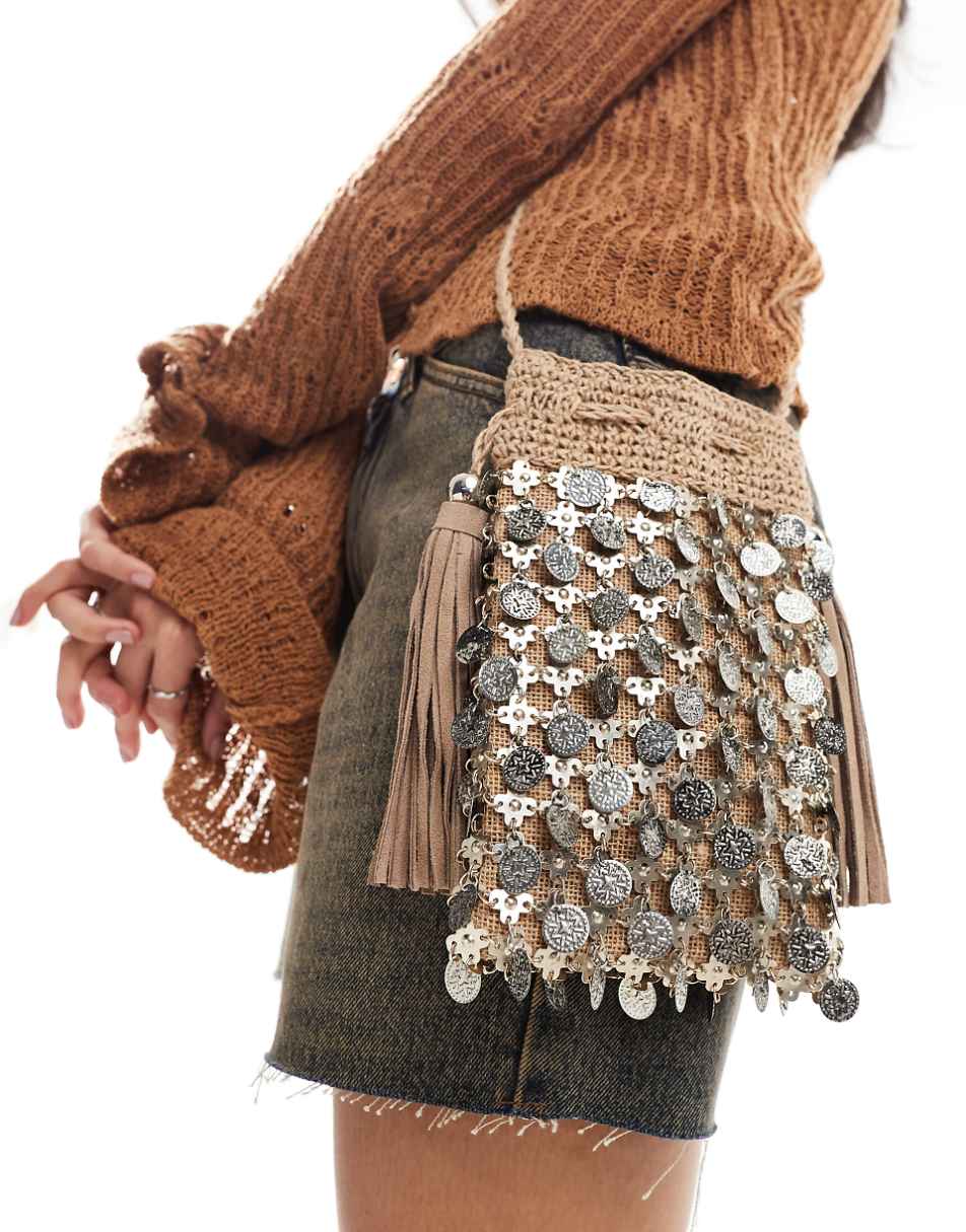 Free People sequin side bag with tassles in sand