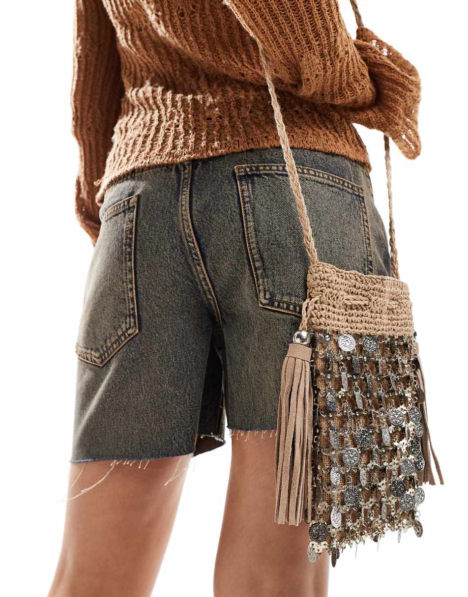Free People sequin side bag with tassles in sand
