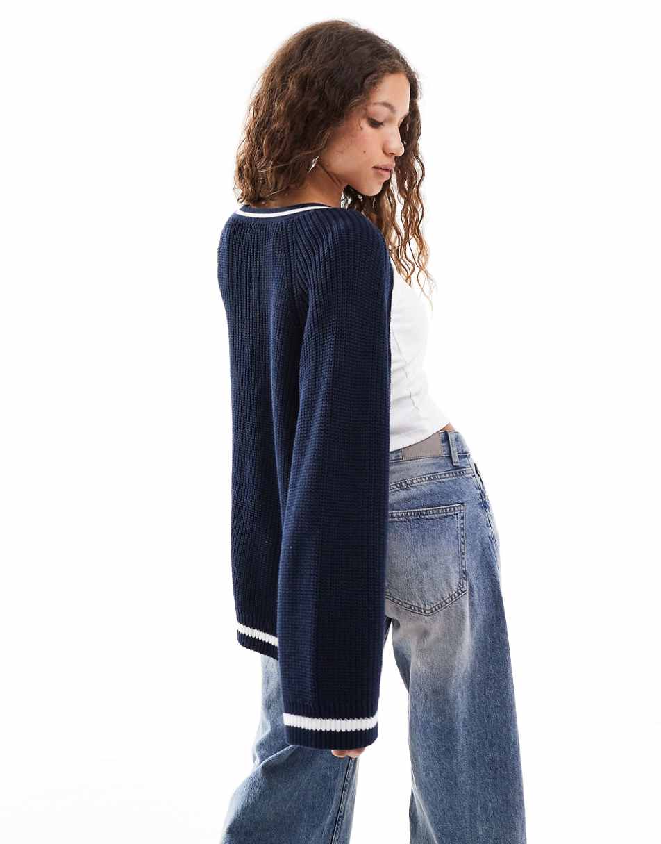 Monki cable knit boxy button front cardigan in navy stripe