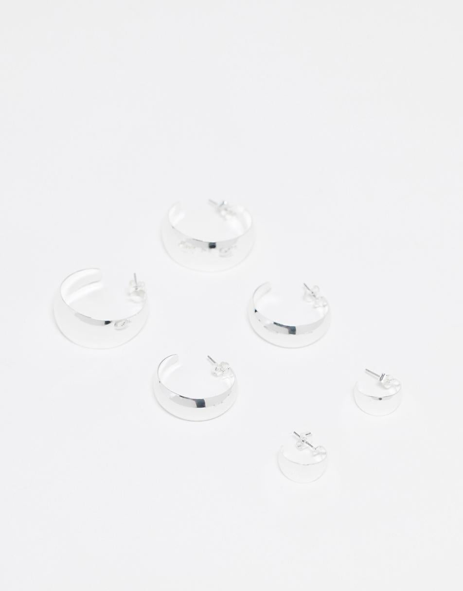 Monki 3 pack chunky wide hoops in silver