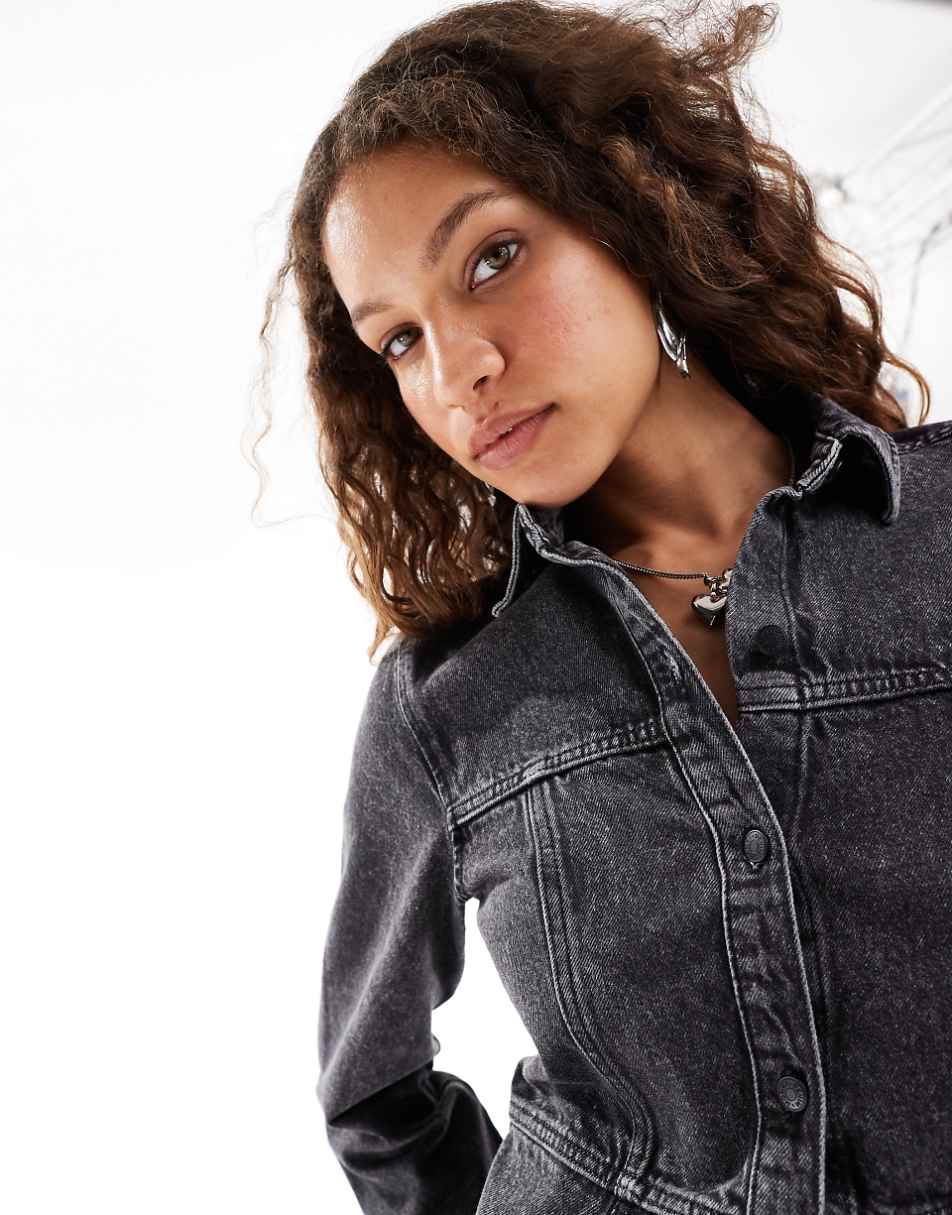 Monki long sleeve denim paneled mini shirt dress in washed black