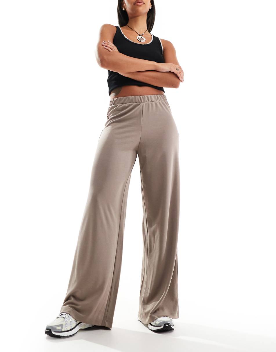 Monki super soft low waist wide leg jersey pants in beige