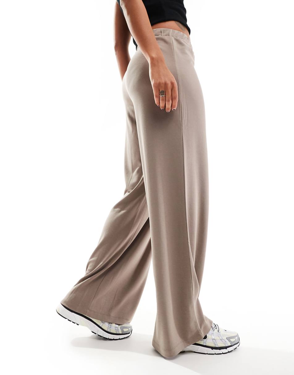 Monki super soft low waist wide leg jersey pants in beige