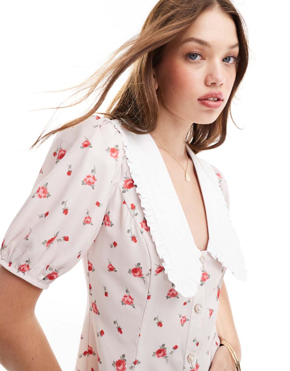 Miss Selfridge short sleeve collared mini dress in pink print