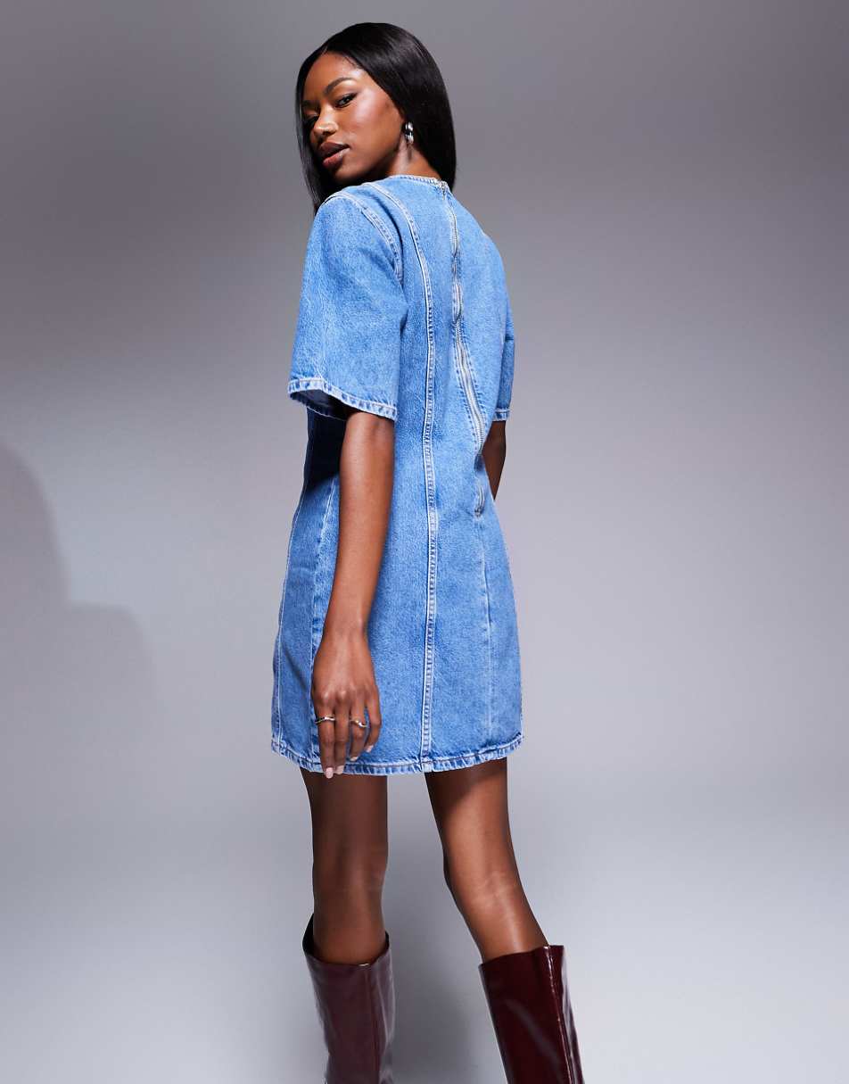 River Island denim shift dress with seam detail in medium wash