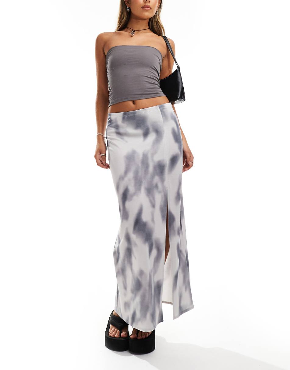 Monki slim maxi skirt in gray soft tie dye