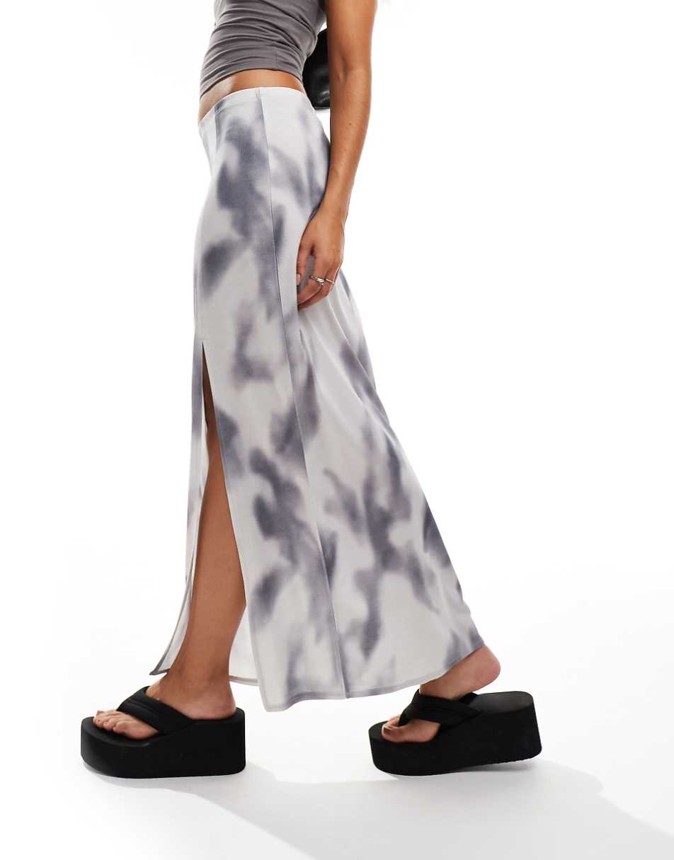 Monki slim maxi skirt in gray soft tie dye