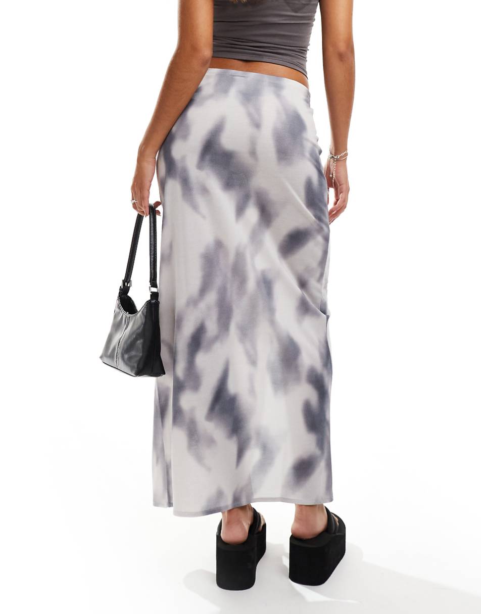 Monki slim maxi skirt in gray soft tie dye