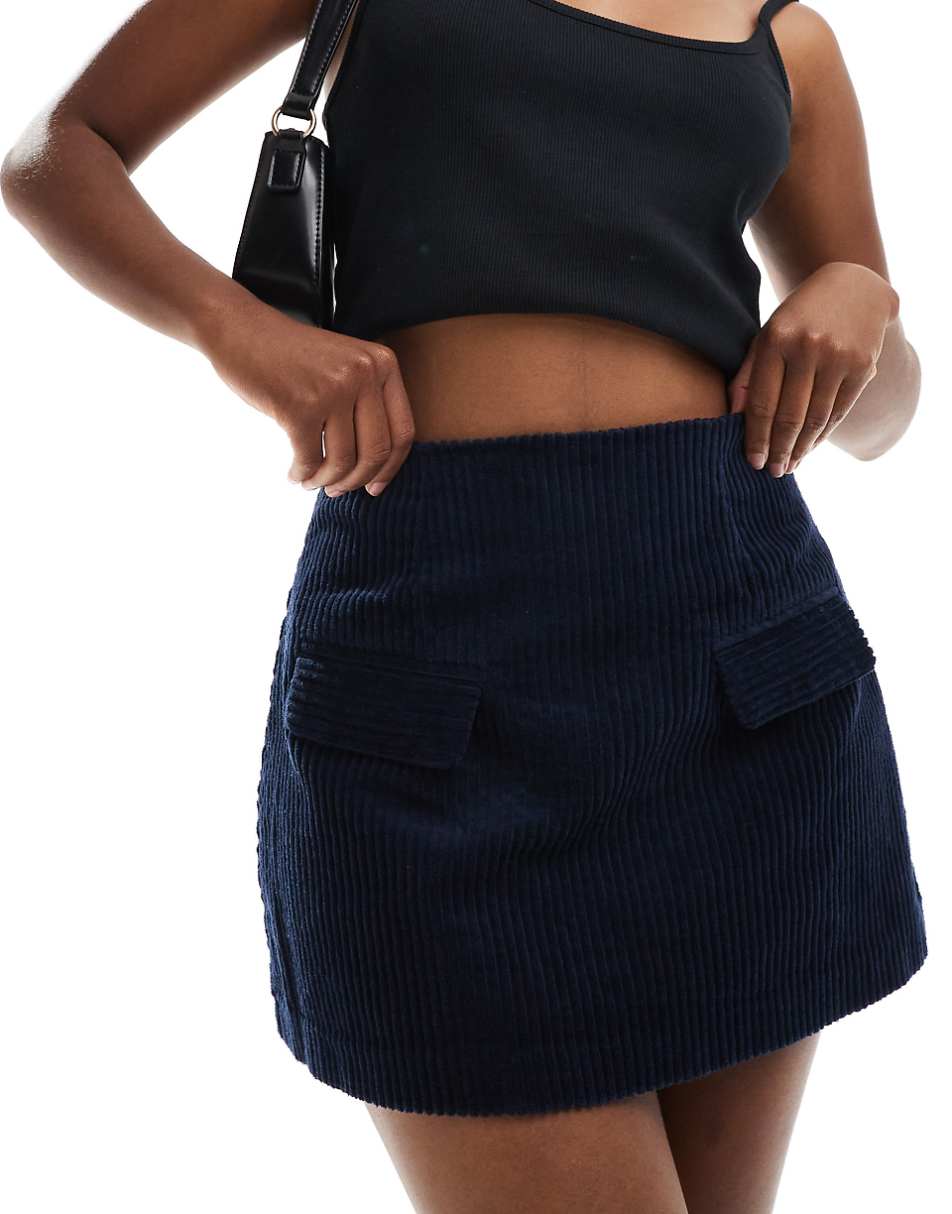 ASOS DESIGN pocket detail cord skirt in navy