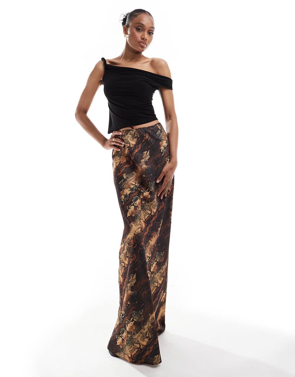 ASOS DESIGN Tall satin bias maxi skirt in snake print