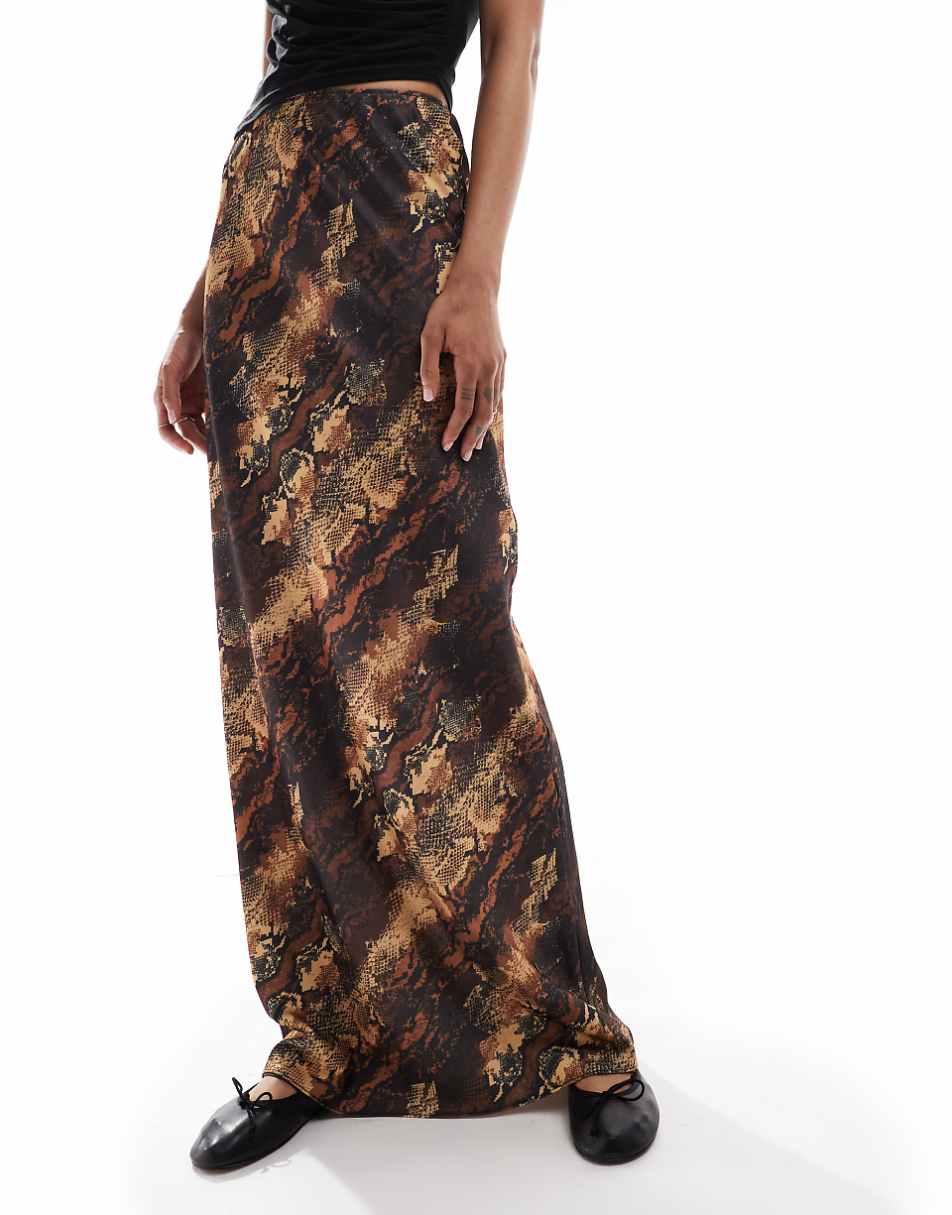 ASOS DESIGN Tall satin bias maxi skirt in snake print