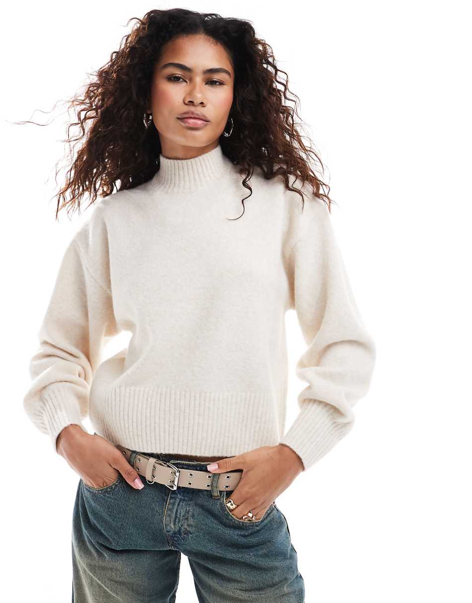 Monki knitted turtleneck sweater in beige melange