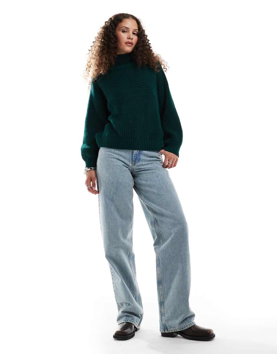 Monki Libby high neck knitted rib sweater in forest green