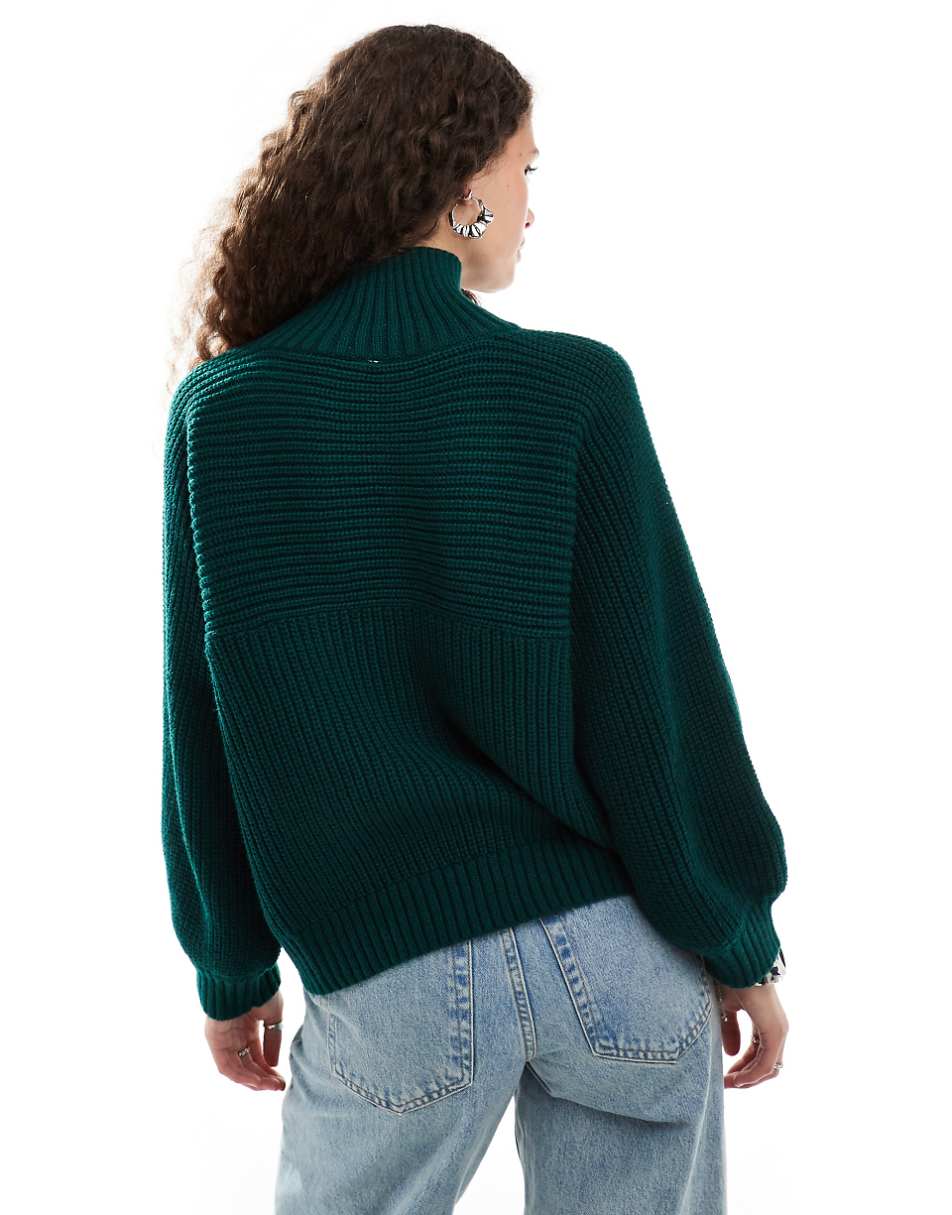 Monki Libby high neck knitted rib sweater in forest green