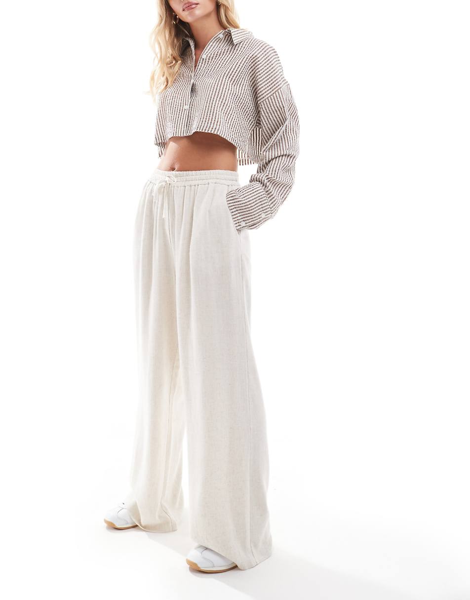 Miss Selfridge Petite linen look pull on wide leg pants in stone