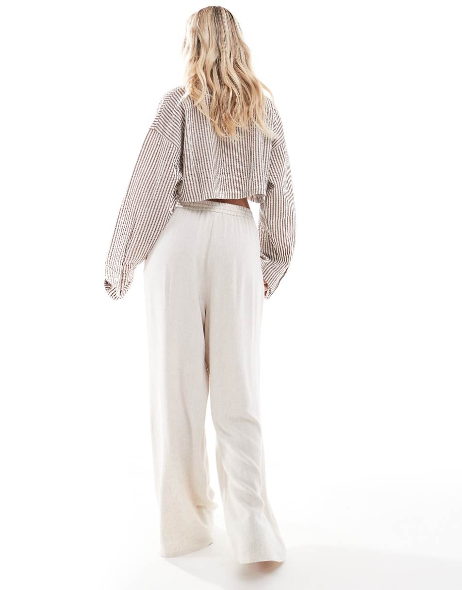 Miss Selfridge Petite linen look pull on wide leg pants in stone