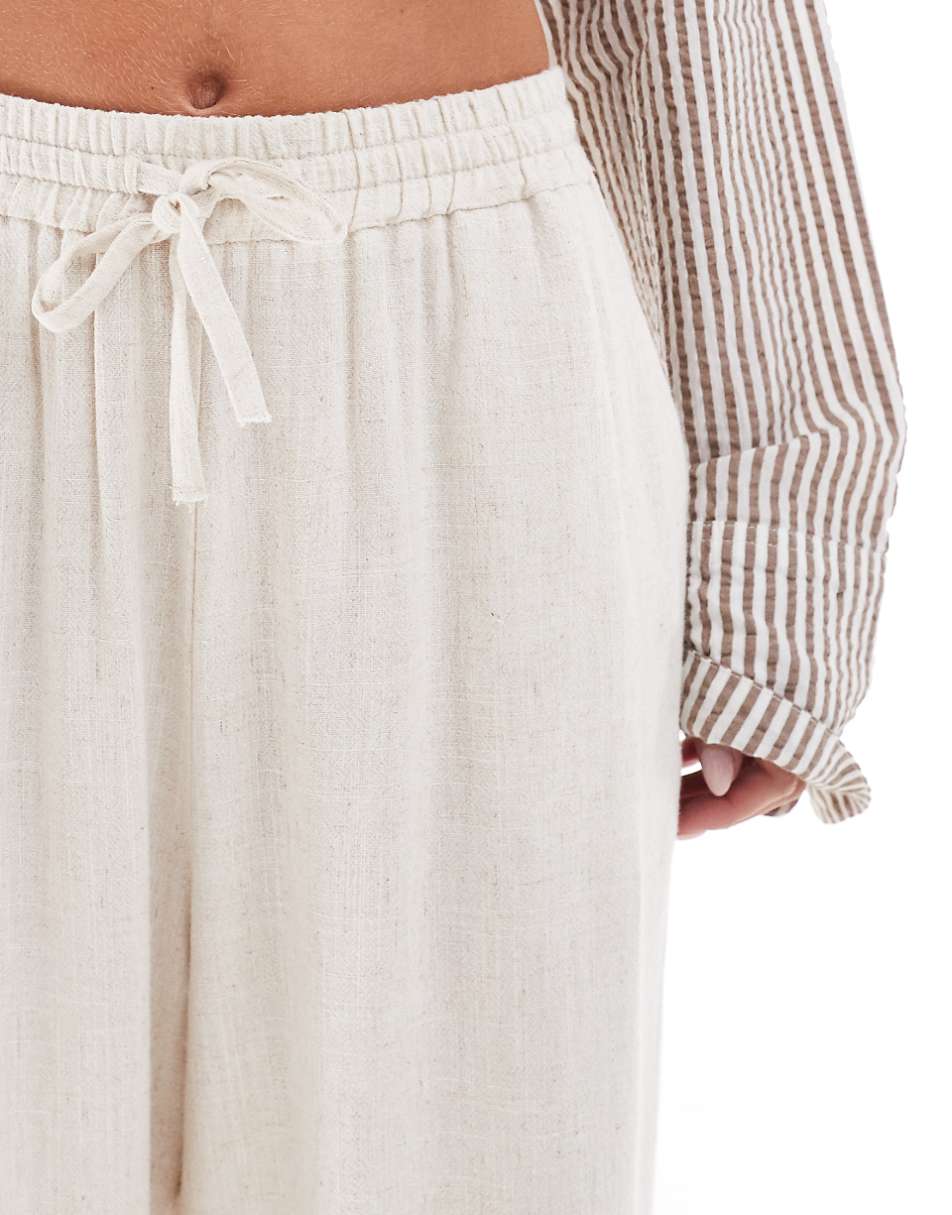Miss Selfridge Petite linen look pull on wide leg pants in stone