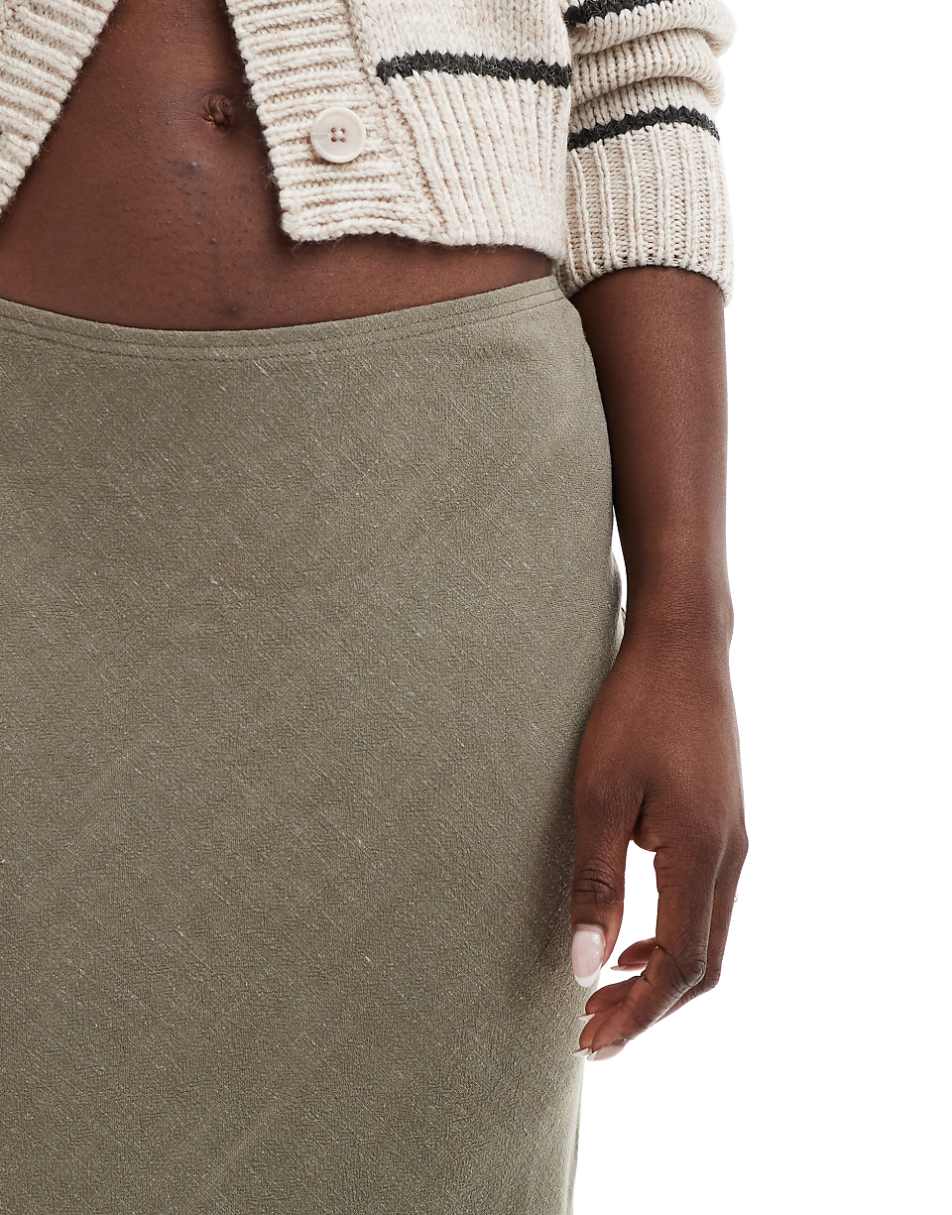 Miss Selfridge linen look bias maxi skirt in khaki