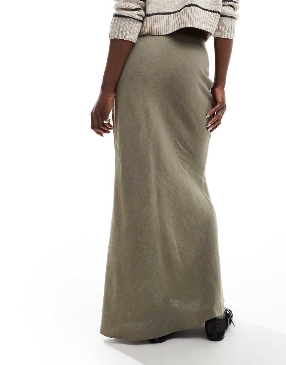 Miss Selfridge linen look bias maxi skirt in khaki