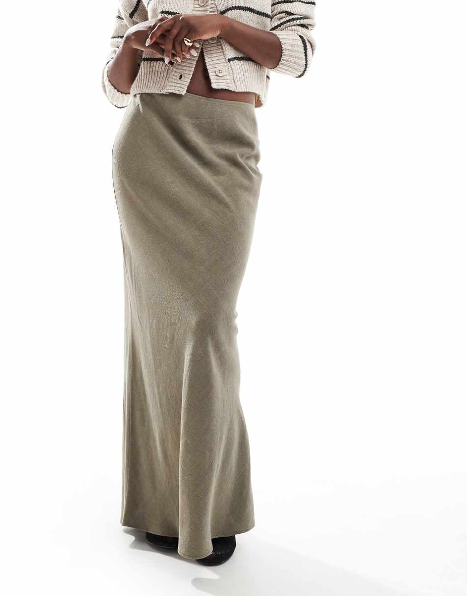 Miss Selfridge linen look bias maxi skirt in khaki
