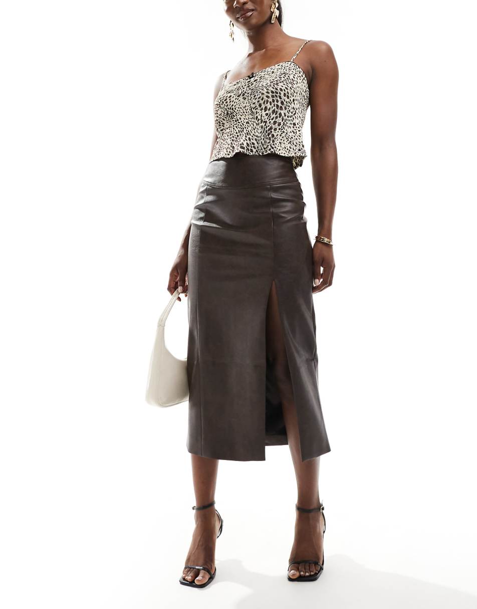 Bardot leather midi skirt in dark choco