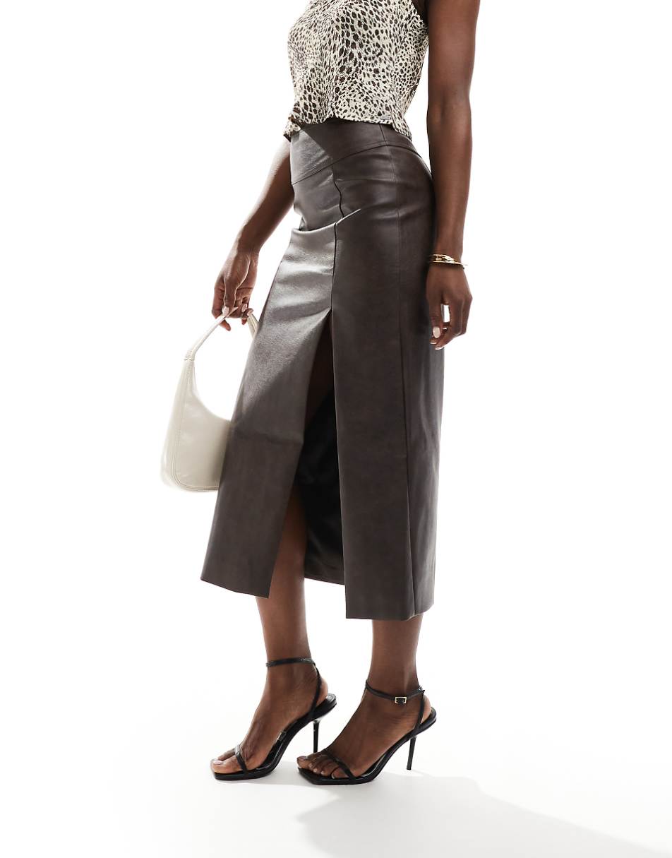 Bardot leather midi skirt in dark choco