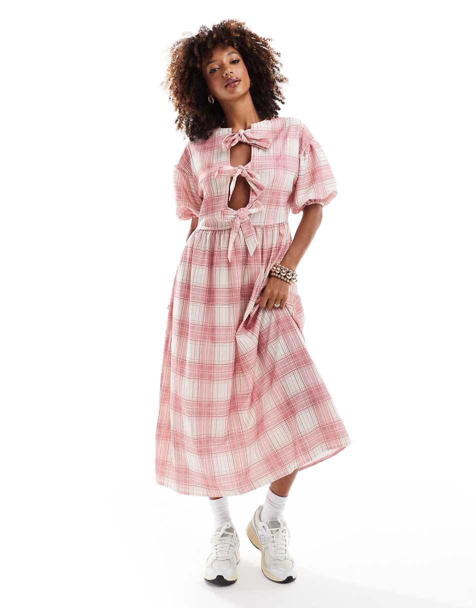 ASOS DESIGN puff sleeve tie front maxi dress in red check