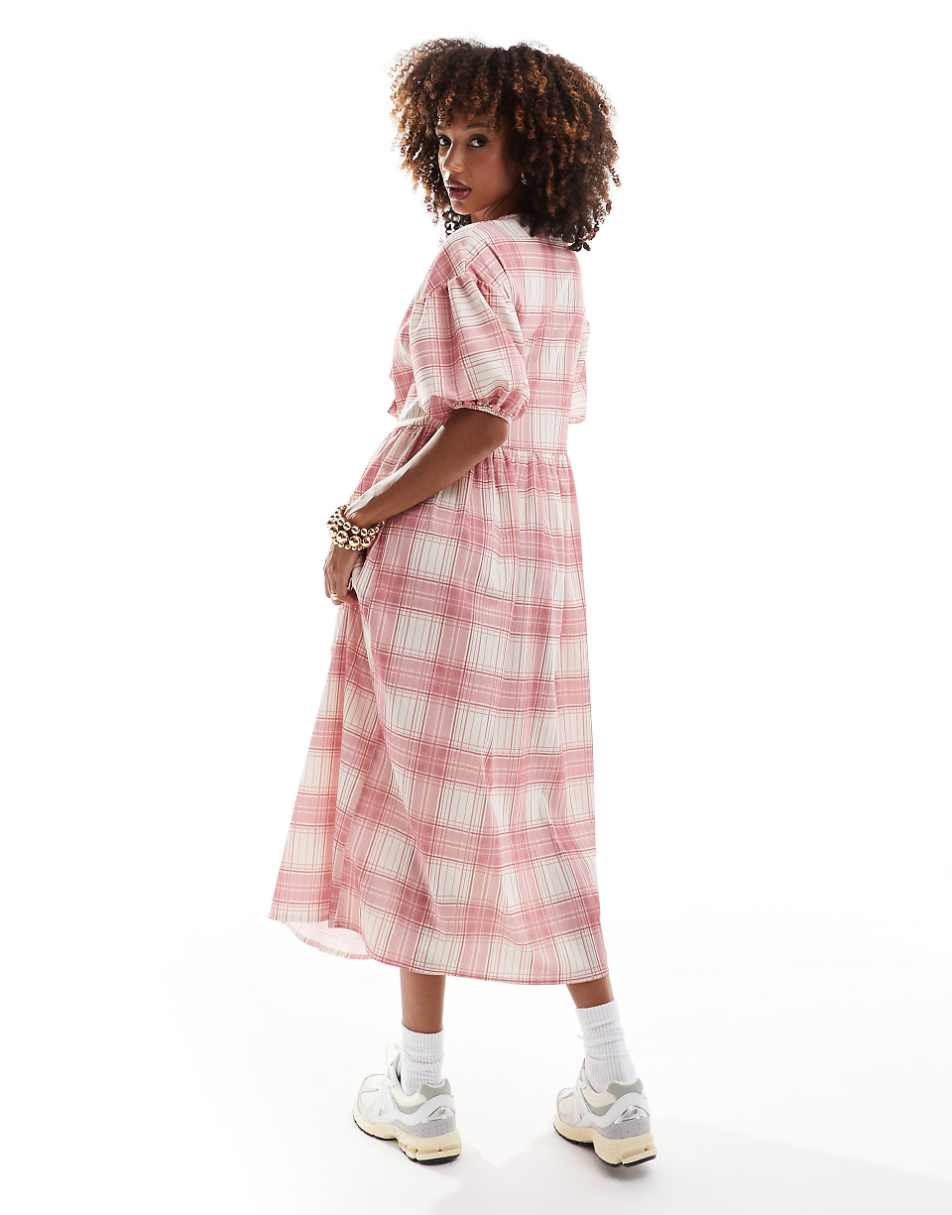 ASOS DESIGN puff sleeve tie front maxi dress in red check