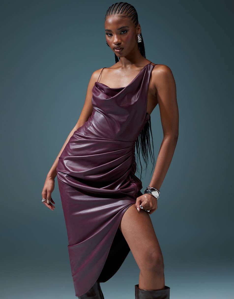 ASOS DESIGN draped one shoulder PU cami wrap midi dress in burgundy