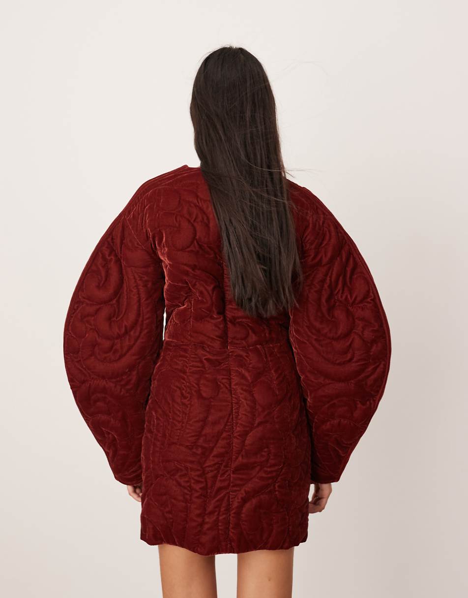 ASOS EDITION velvet embroidered quilted plunge mini dress with sleeve detail in burgundy