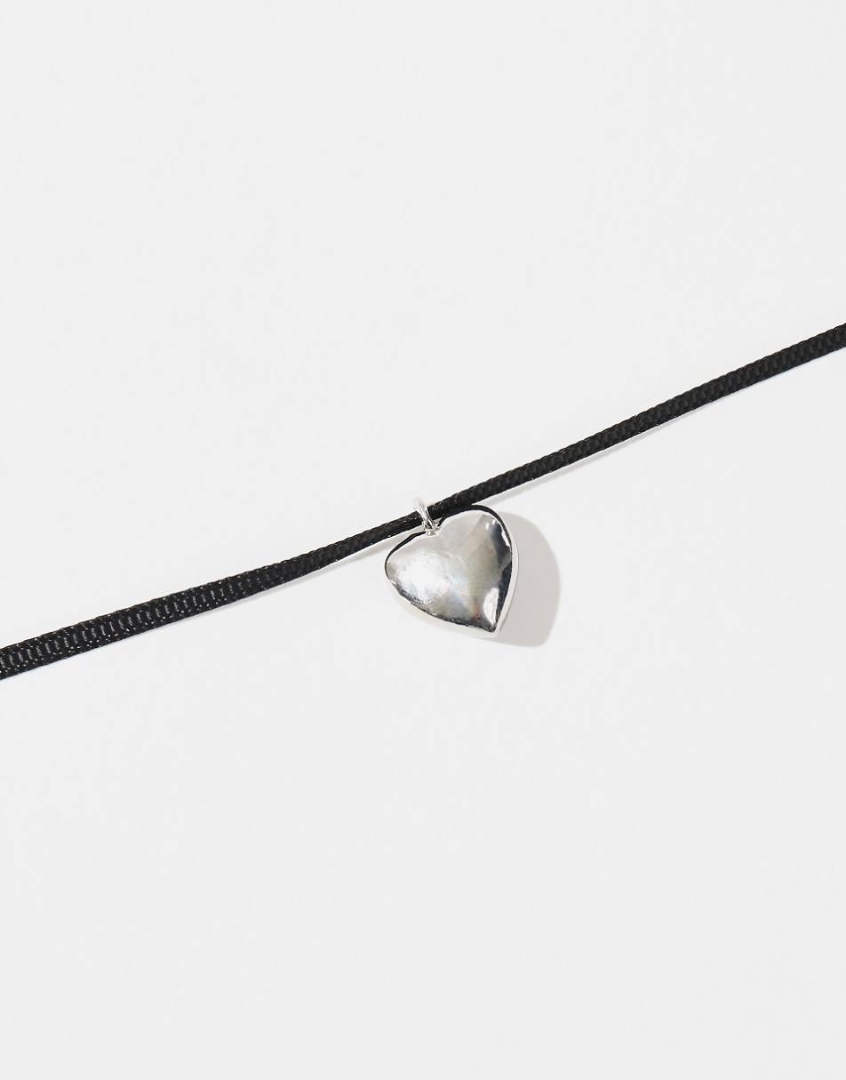 ASOS DESIGN ribbon choker with puff heart pendant in silver tone